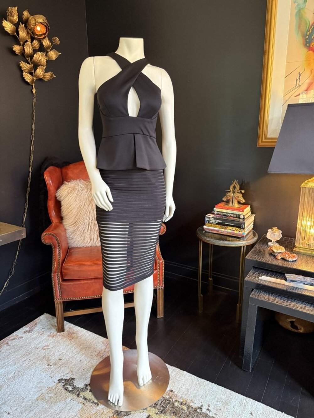 Mustard Seed Black Halter Peplum Top & Mesh Stripe Pencil Skirt Set S